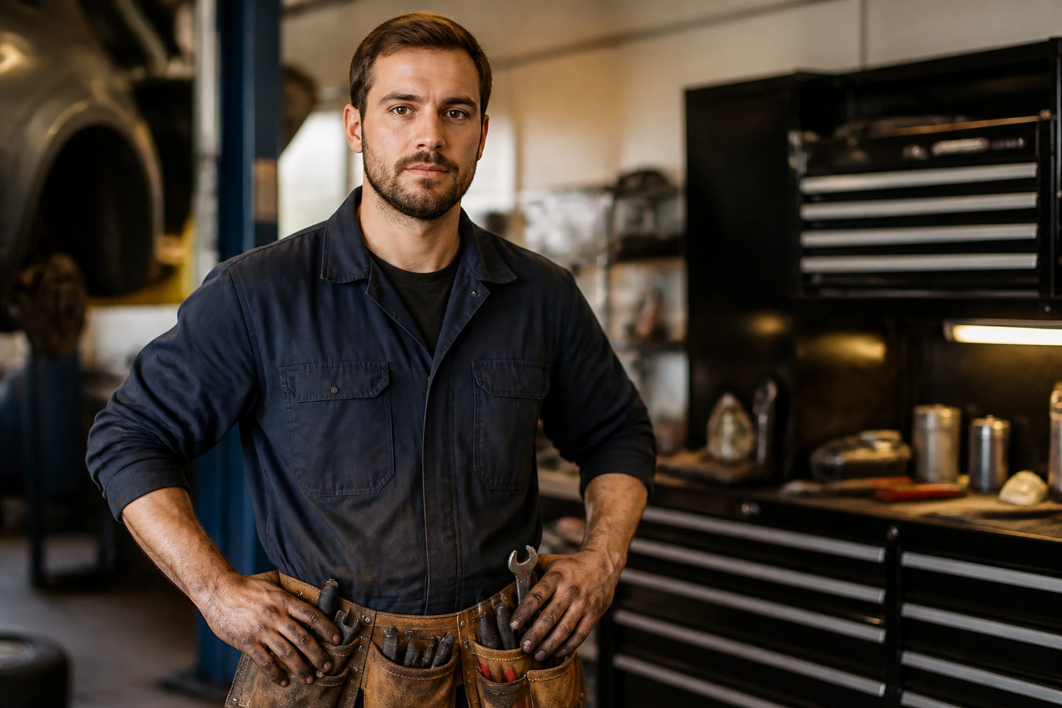 Mechanic portrait with tool belt in a Canadian workshop
