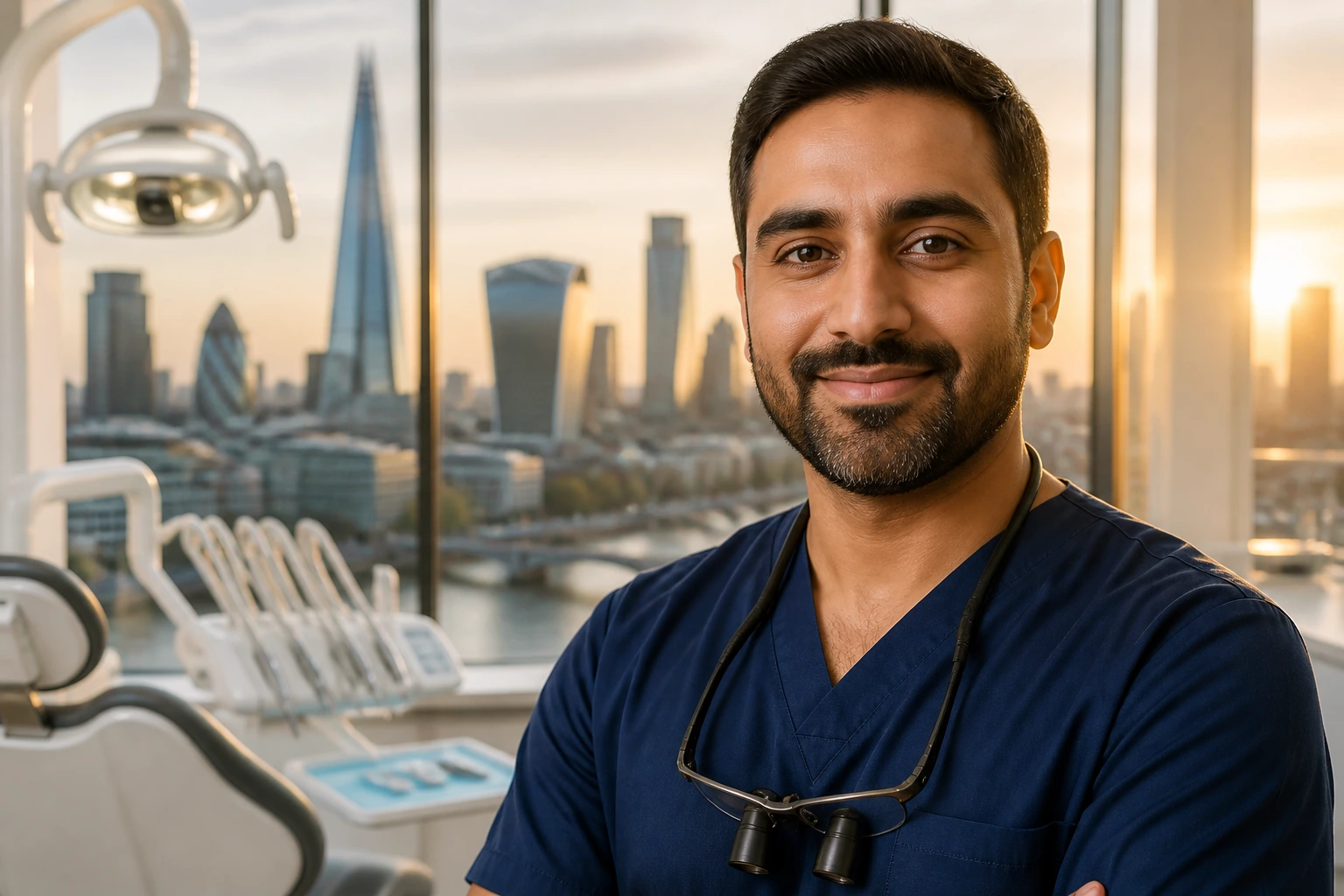 Dentist in UK clinic with city view illustrating geographic salary considerations.