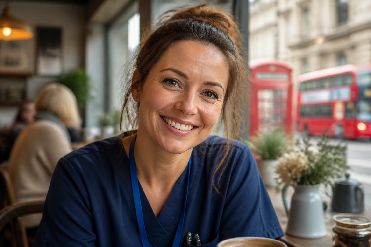 Close-up of a cheerful expat occupational therapist embracing life in the UK in a cafe setting
