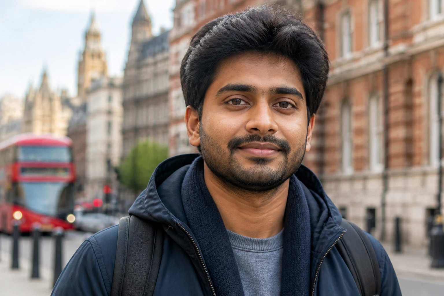 Portrait of a software developer with UK city life backdrop