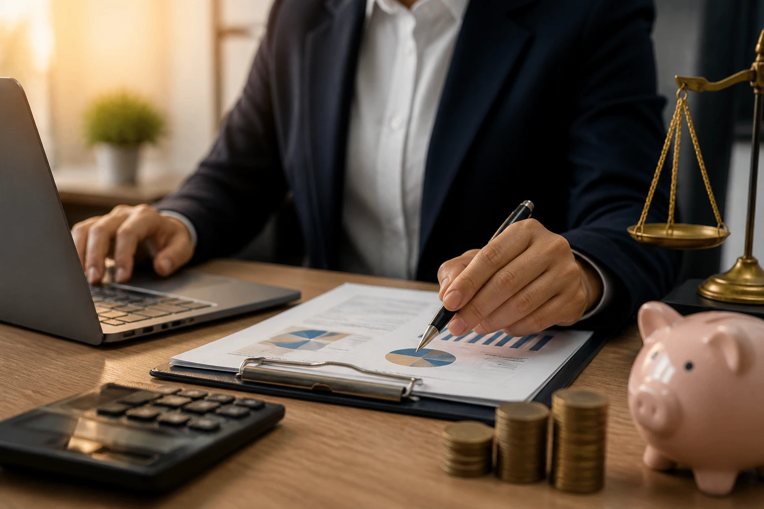 Solictor reviewing VAT, deposits, and instalments in a law office