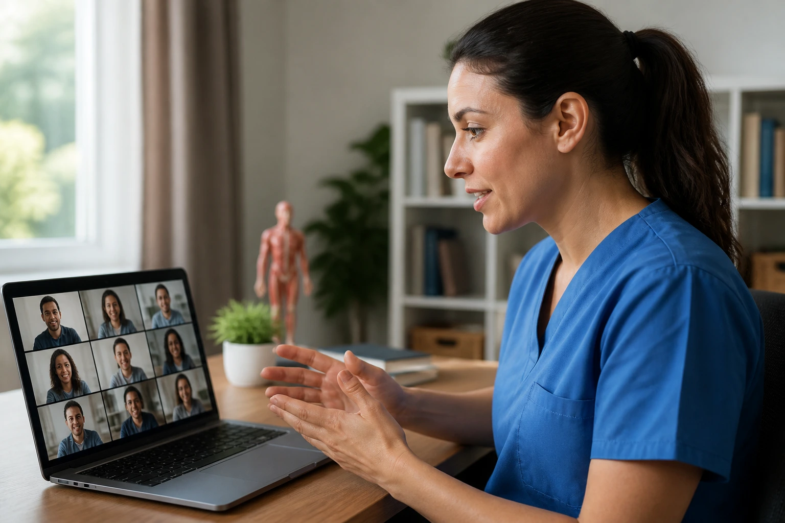 OT in a virtual interview from a home office, laptop showing a video call grid with no text