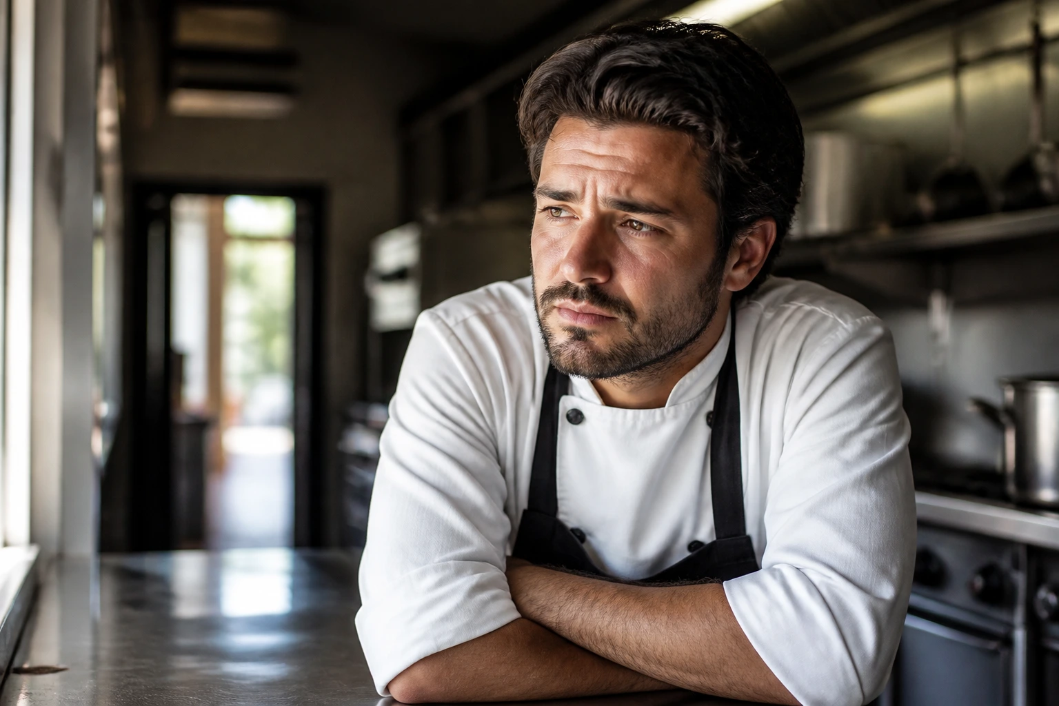 Chef in a kitchen looking thoughtful about visa if job ends