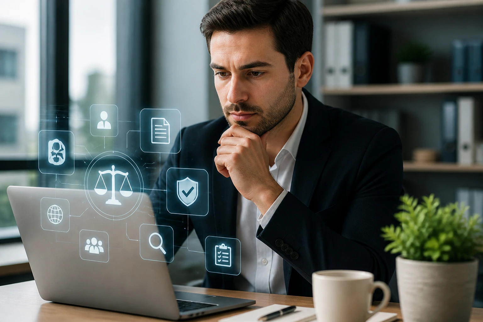 Thoughtful professional examining visa case complexity with abstract icons on a laptop