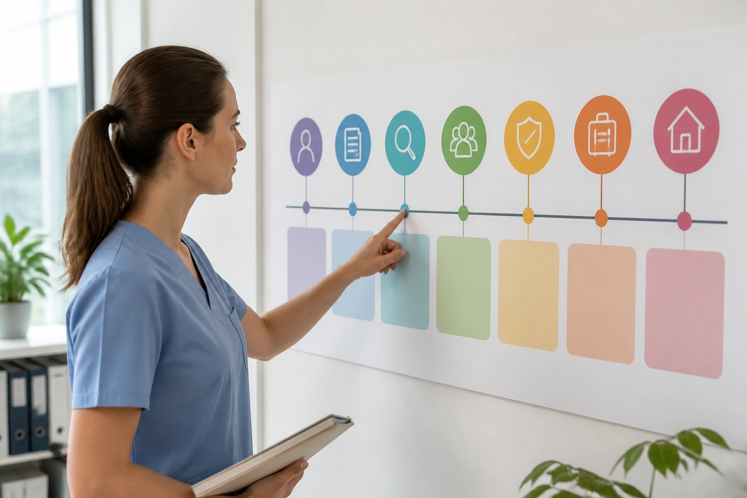 Professional reviewing a text-free timeline of visa stages in an office