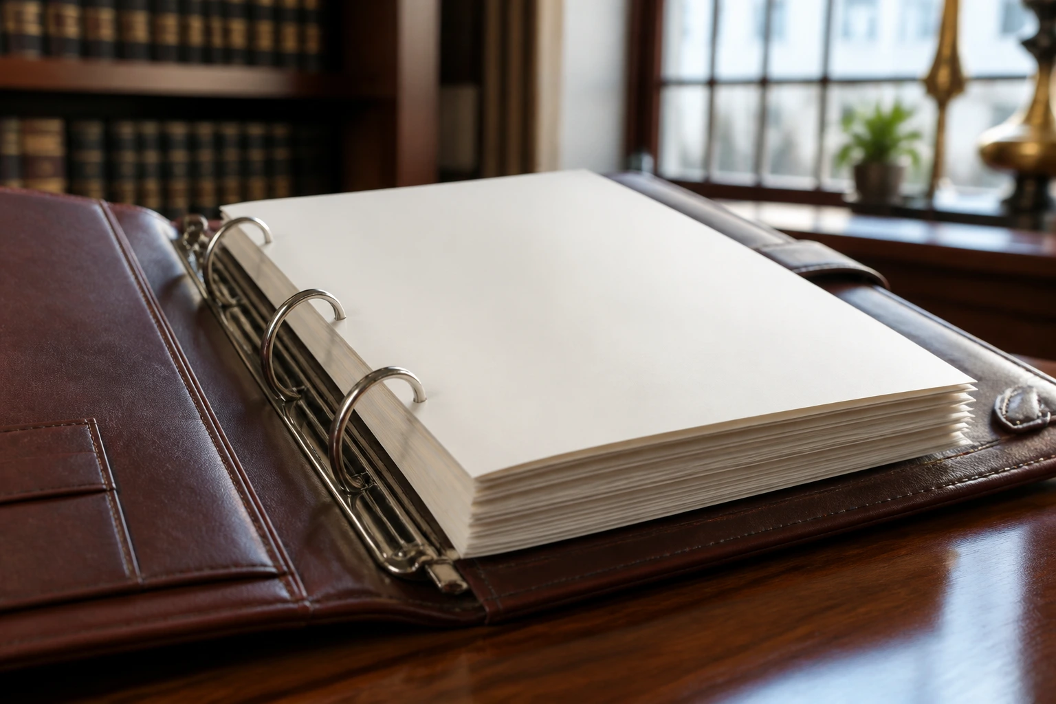 Close-up of a leather-bound binder on a desk with blank pages