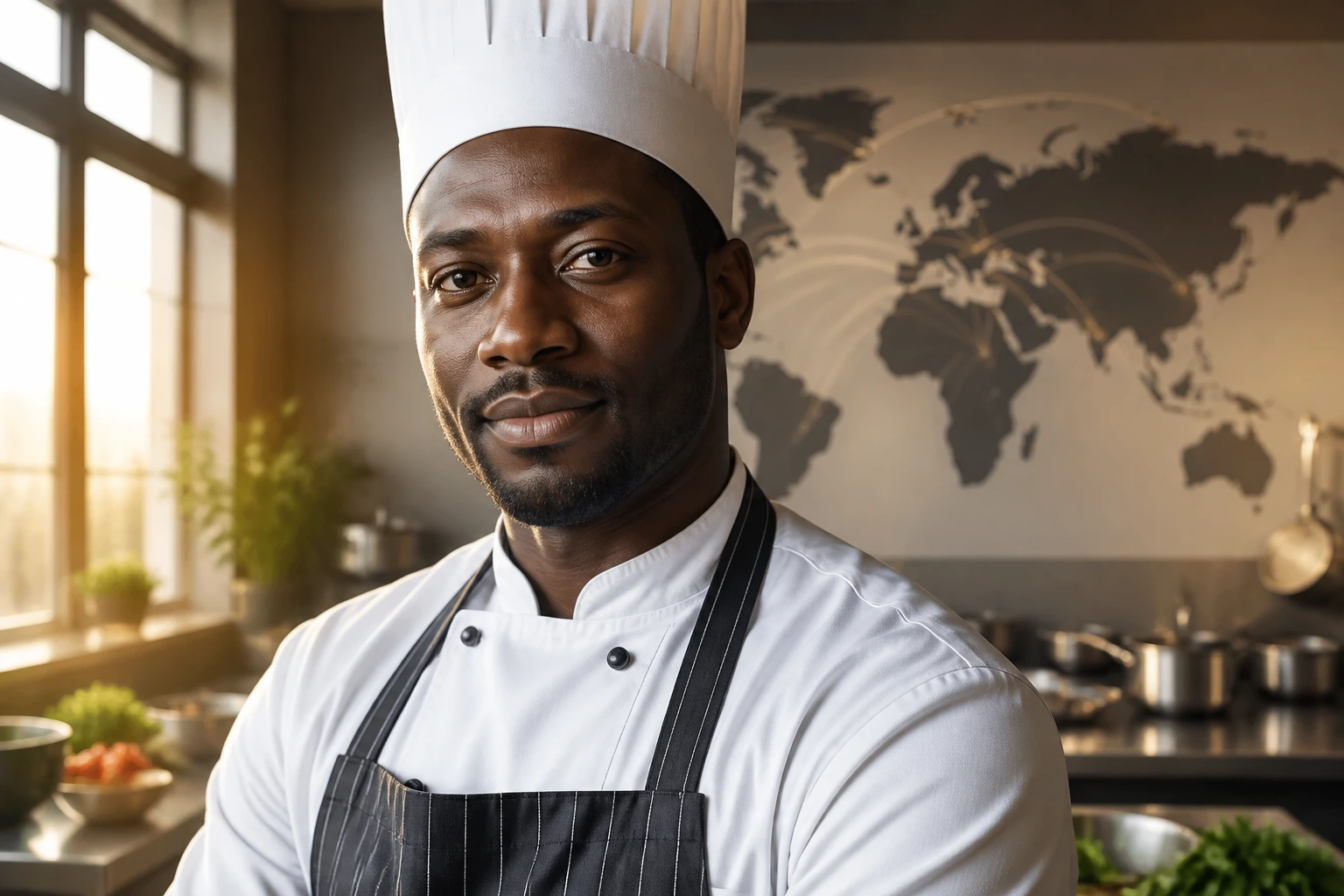 Chef in kitchen with global mobility motif representing visa options