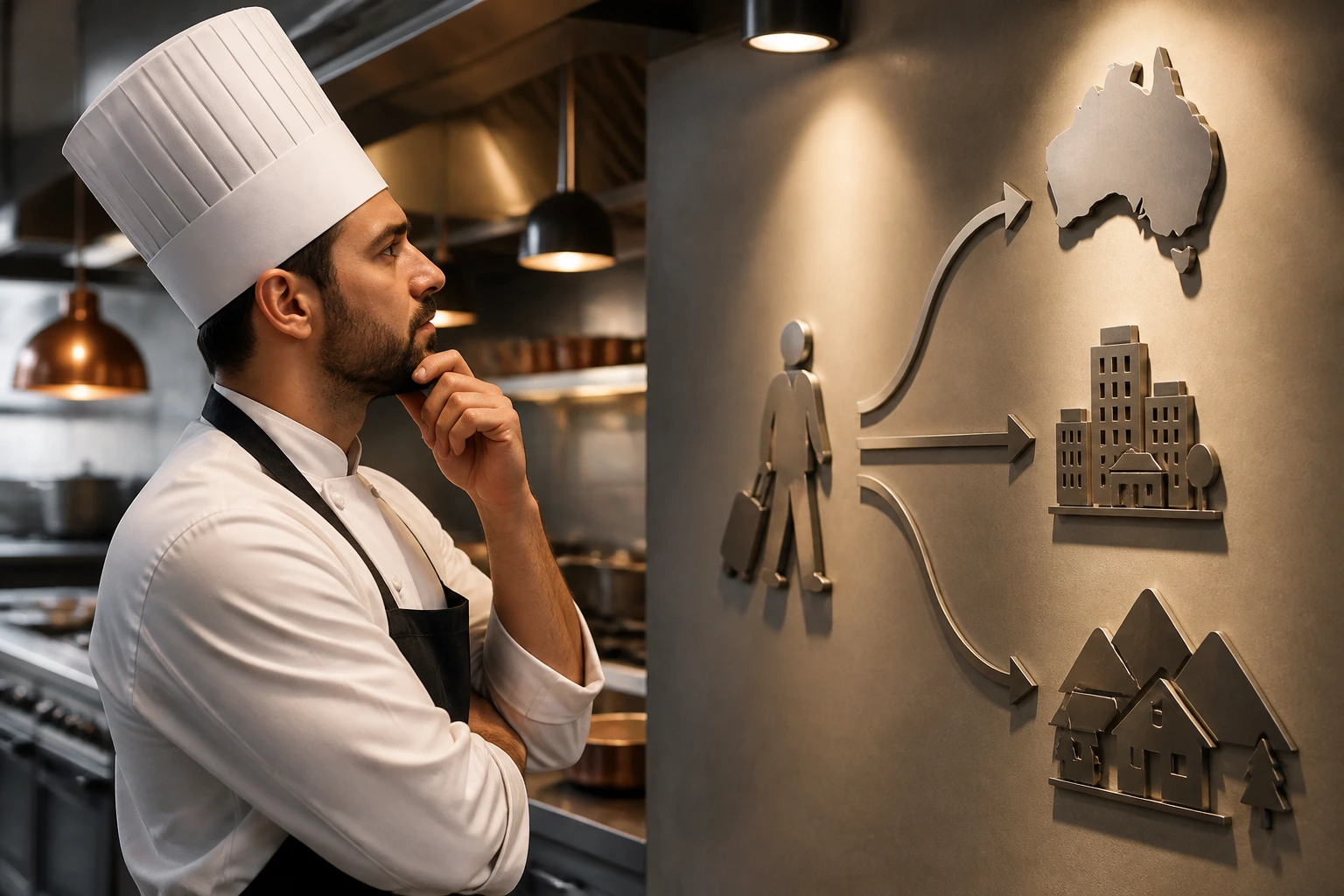 Chef examining icon-based walls representing visa pathways in a kitchen