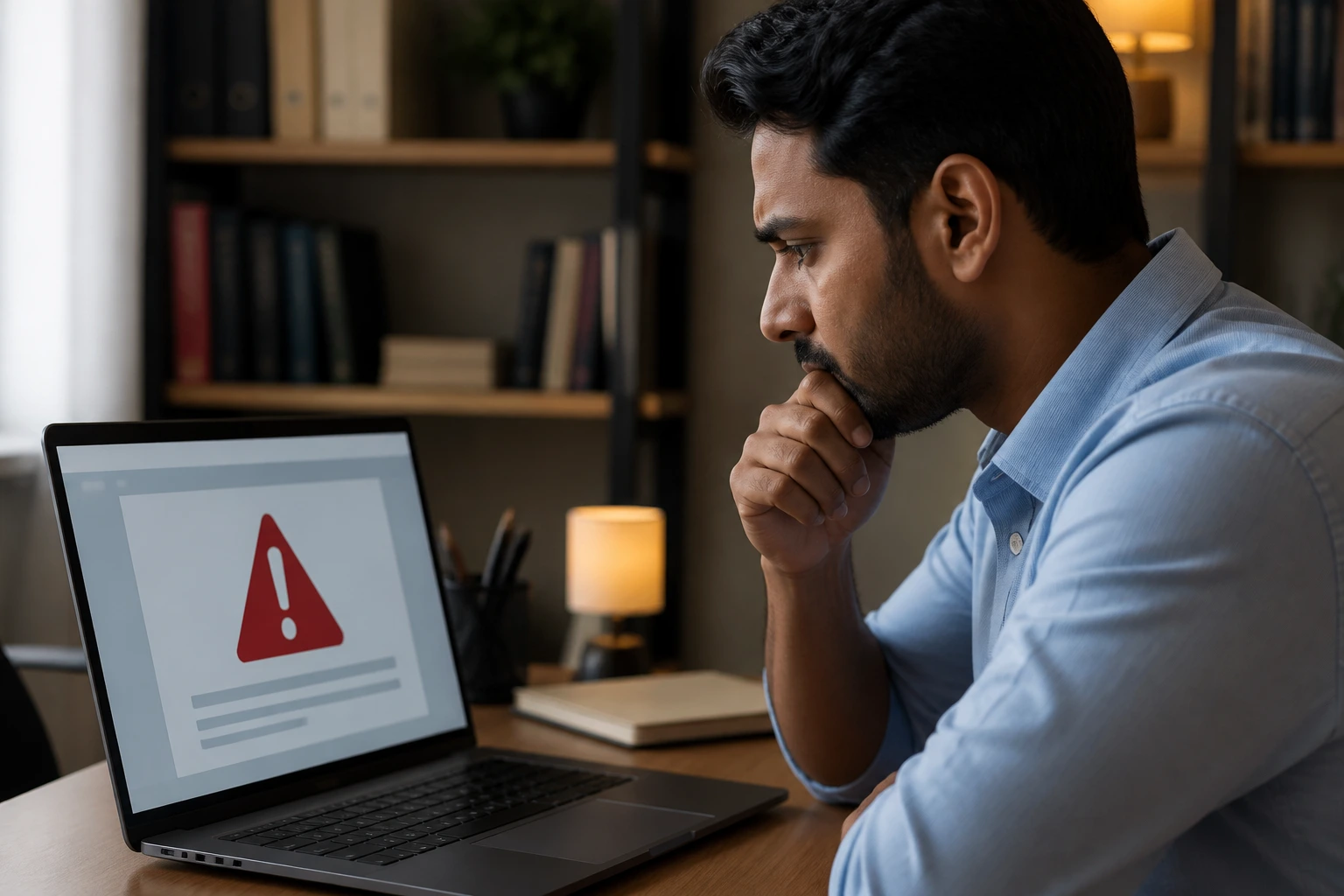 Real person in an office reviewing a document with a non-text warning symbol