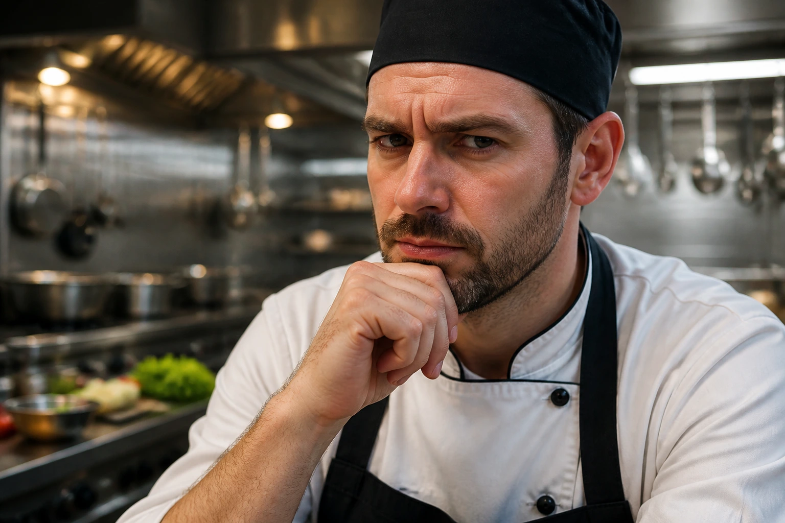 Chef vigilant in kitchen, warning about visa scams and red flags