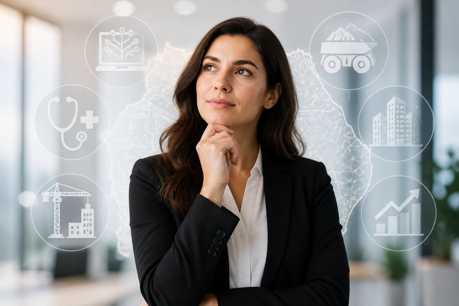 Professional in office with abstract industry icons showing high-paying visa sponsorship fields in Australia