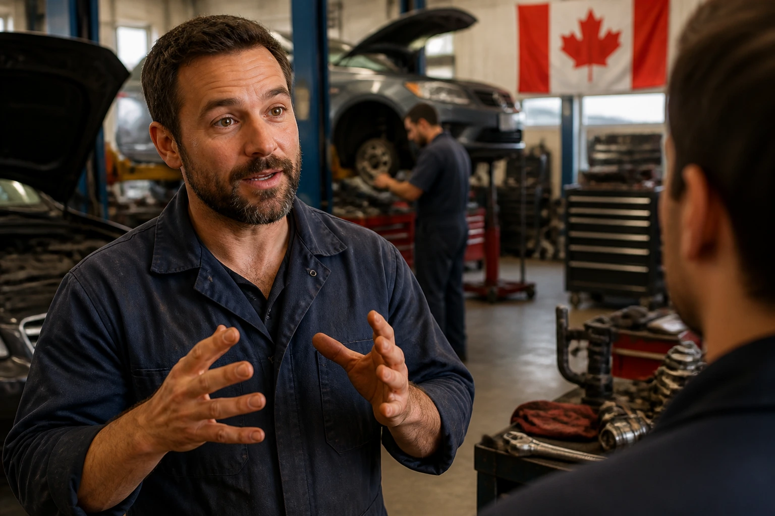 Mechanic in busy shop illustrating visa sponsorship concept
