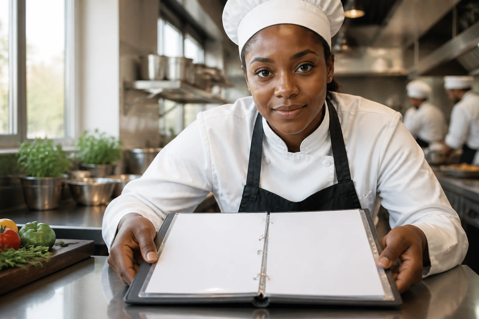 Close-up of a chef in a kitchen arranging a blank resume binder for visa sponsorship in Canada