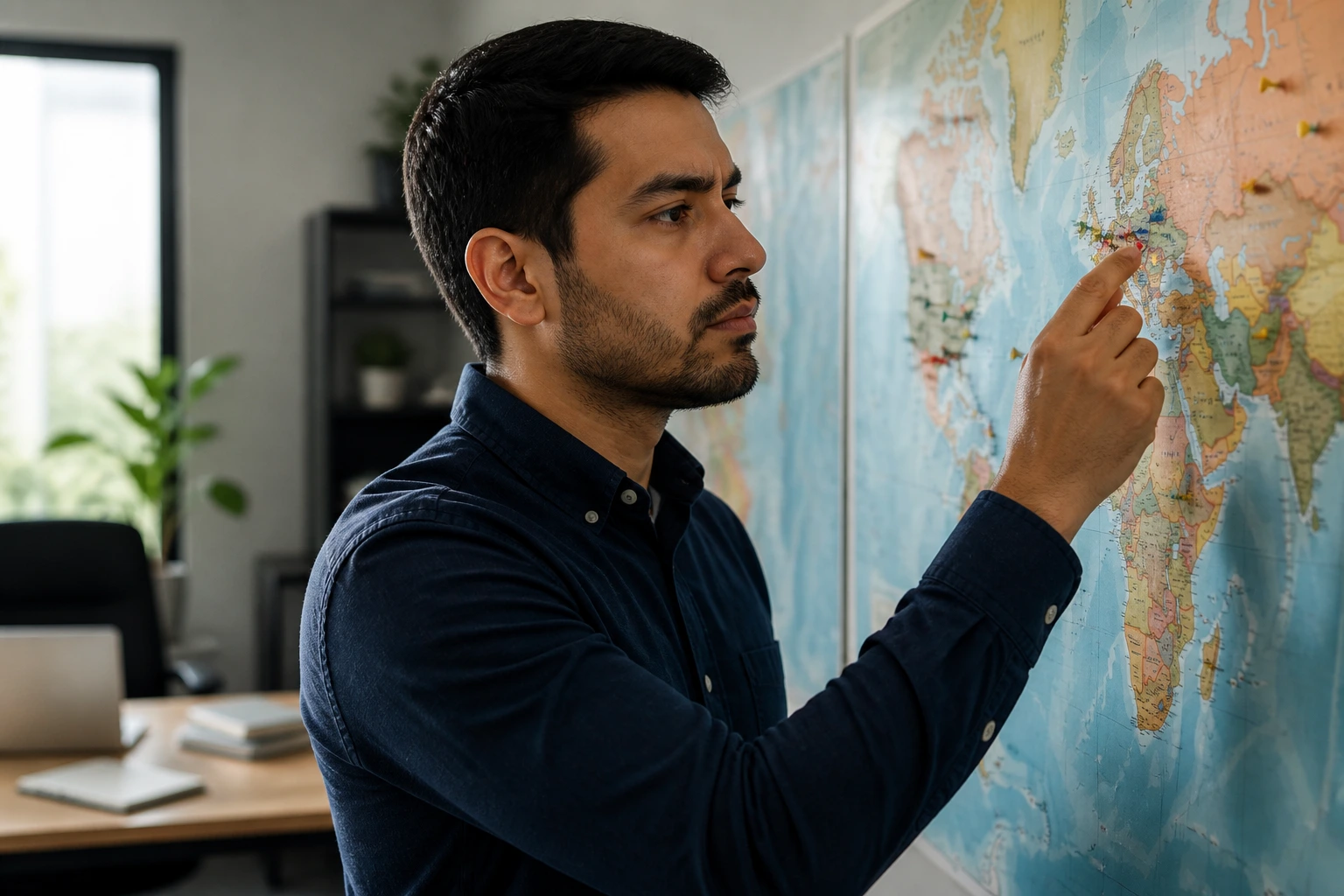 Portrait of a person planning visa sponsorship options on a map in an office