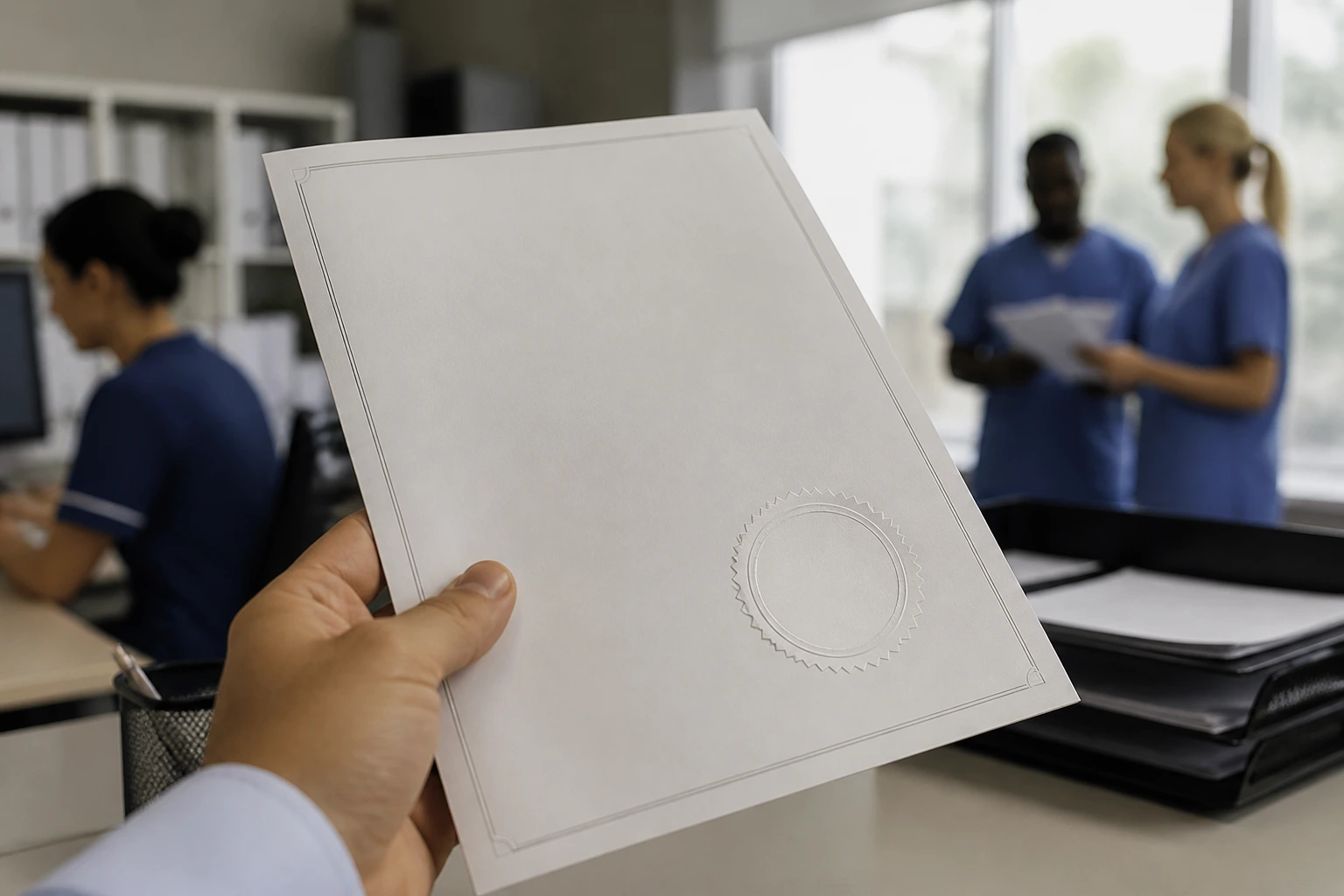 Close-up of a blank sponsorship document with a seal representing the Health and Care Worker visa in a clinic HR setting