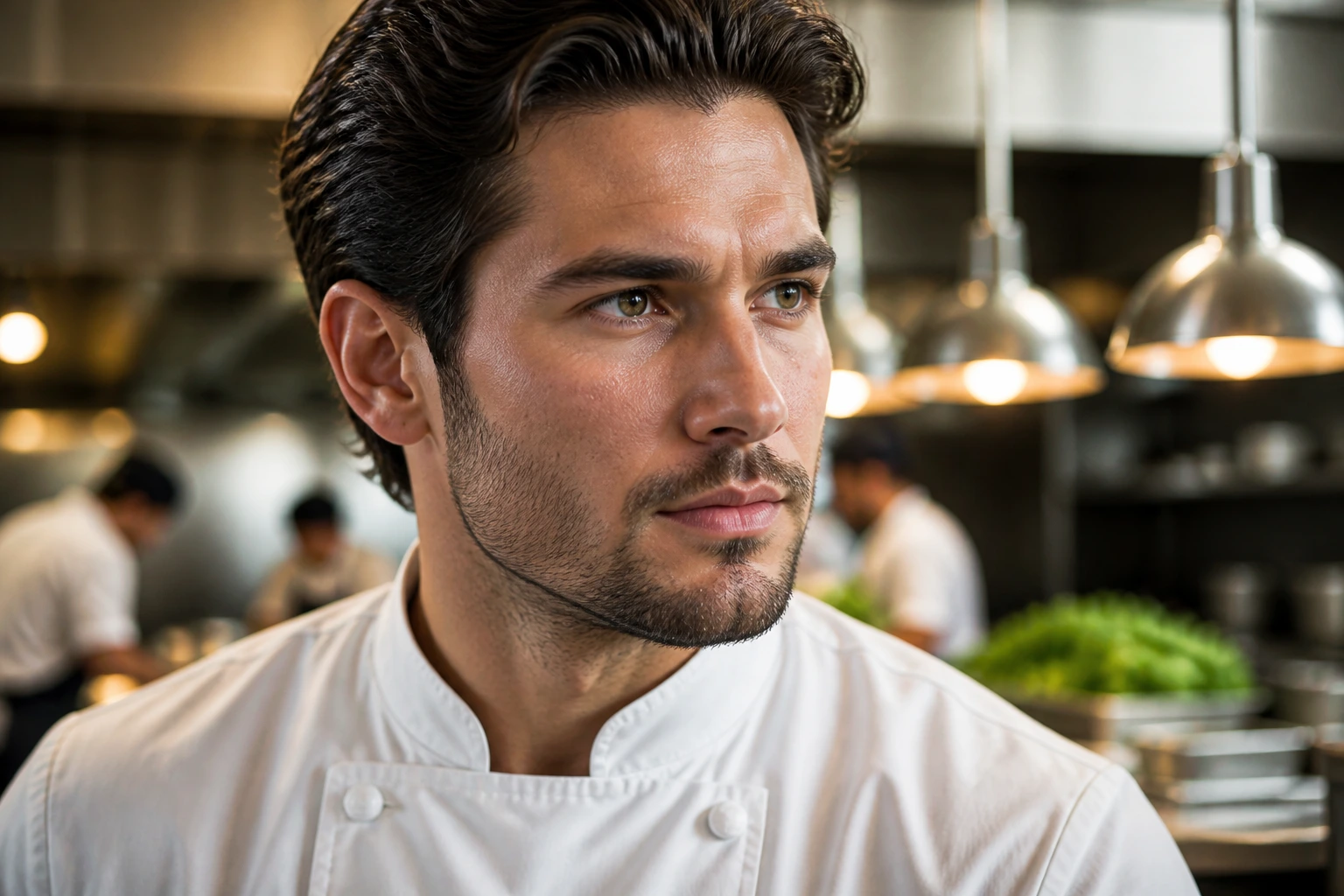 Close-up of a professional chef in a bustling kitchen contemplating visa sponsorship legality