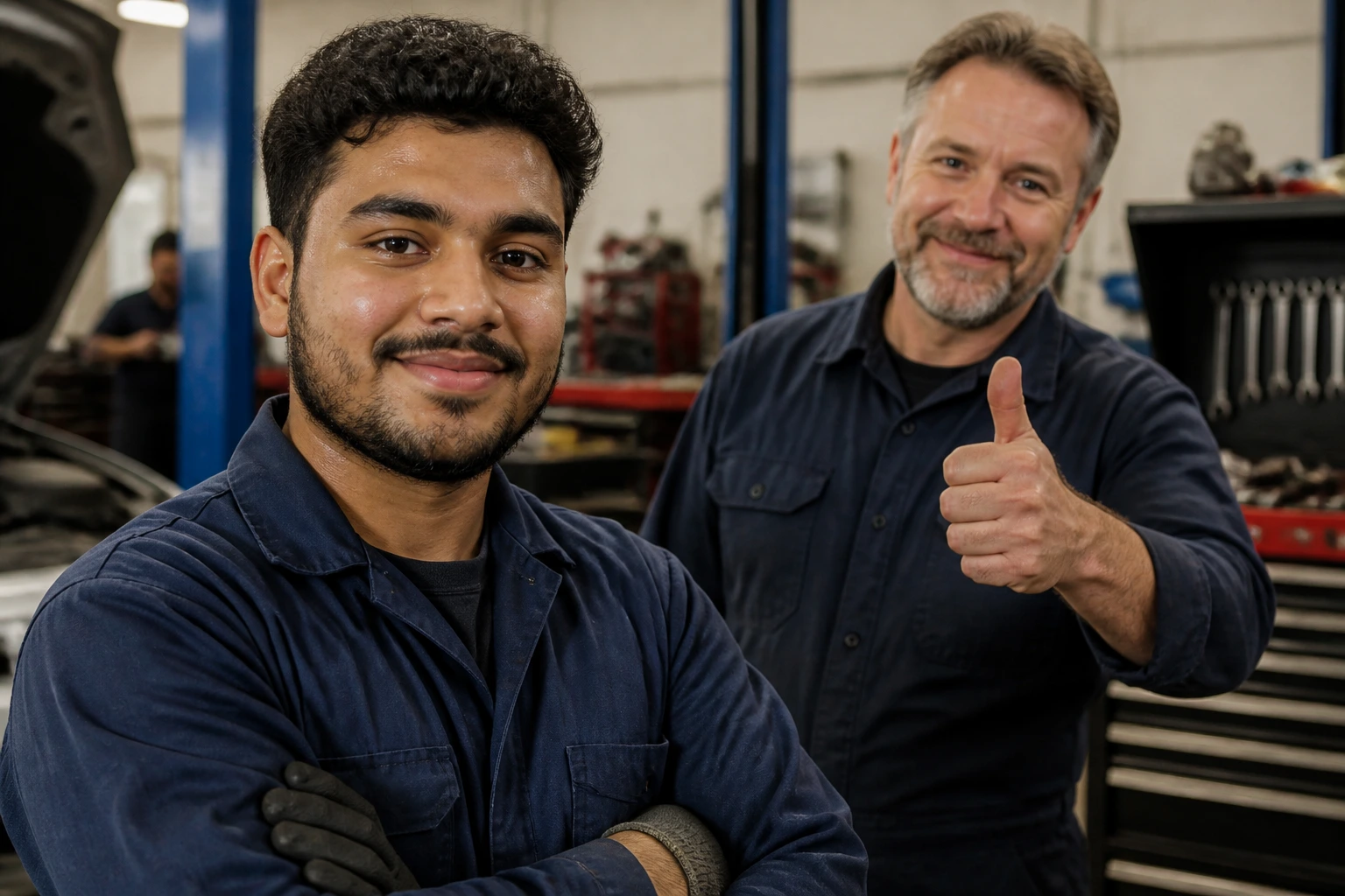 Mechanic in a workshop receiving approval, implying possible LMIA visa sponsorship