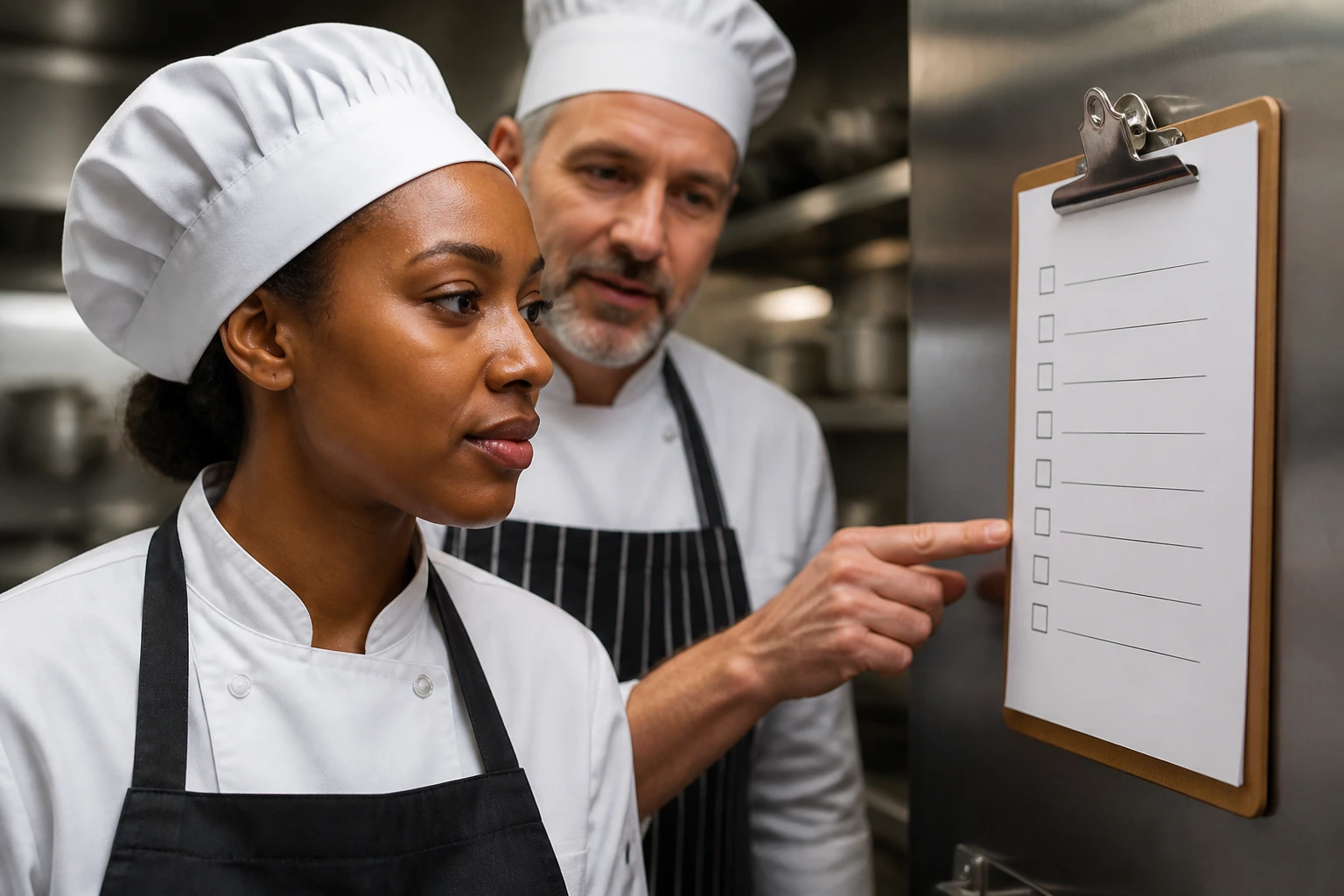 Chef in kitchen with checklist backdrop illustrating visa sponsorship requirements