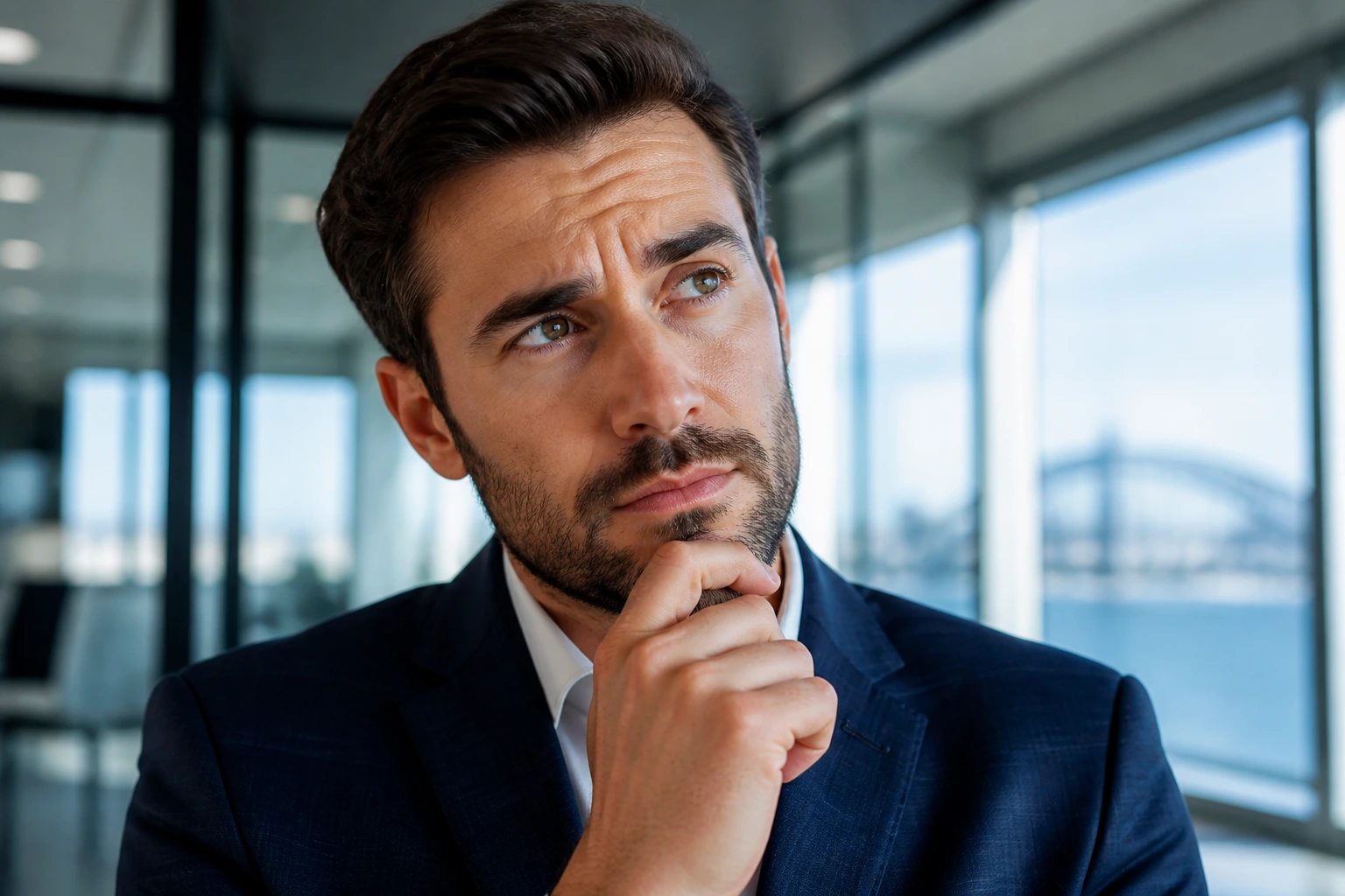 Close-up portrait of a professional considering sponsorship and permanent residency in a modern office