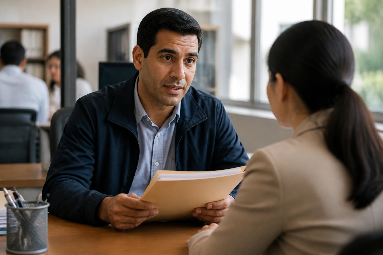 Close-up of immigrant taxi driver discussing visa sponsorship with recruiter