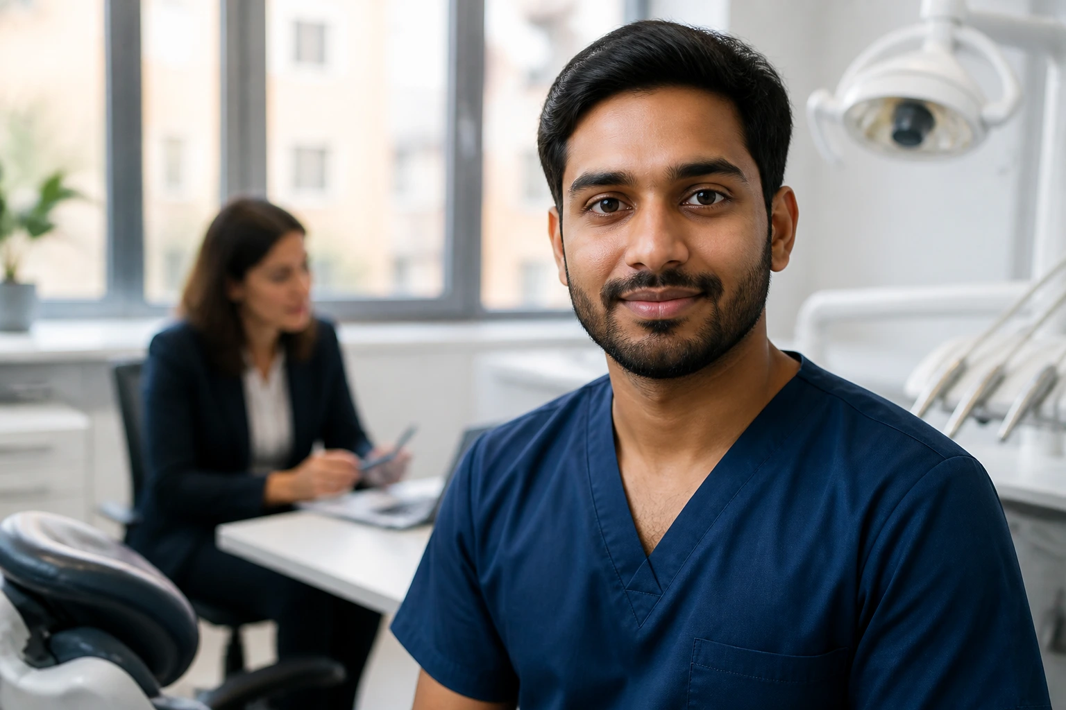 International dentist in UK clinic discussing visa sponsorship with HR in background.